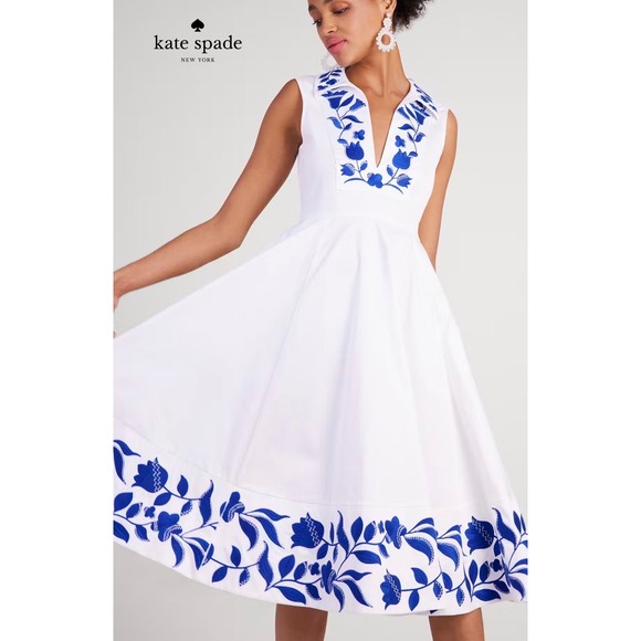 Kate Spade New York Dresses & Skirts - KATE SPADE White Blue Dress Zig Zag Floral Embroidered Fit Flare Midi Sleeveless